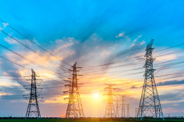 Fototapeta premium High voltage post,High voltage tower sky sunset background