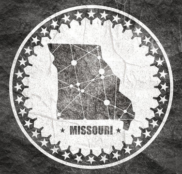 Image relative to USA travel. Missouri state map textured by lines and dots pattern. Stamp in the shape of a circle