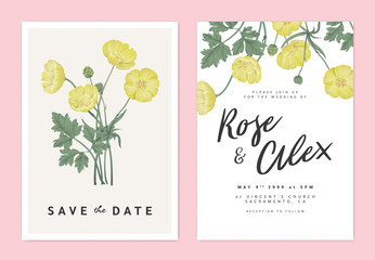 Botanical wedding invitation card template design, yellow creeping buttercup flowers bouquet, pastel vintage theme