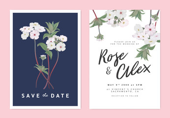 Botanical wedding invitation card template design, Woolly rock jasmine flowers bouquet on dark blue, pastel vintage theme
