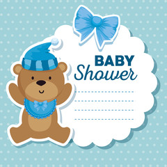 label of bear with hat and bib with ribbon bow