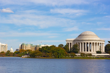Washington DC urban panorama with Thomas Jefferson Memorial in a view in early autumn. Tidal Basin reservoir and city skyline on a sunny afternoon.
