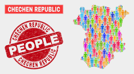 Demographic Chechen Republic map abstraction. People color mosaic Chechen Republic map of men, and red rounded textured stamp. Vector collage for population mass report.
