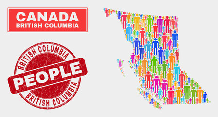 Demographic British Columbia map abstraction. People colorful mosaic British Columbia map of persons, and red round rubber stamp seal. Vector composition for nation group report.