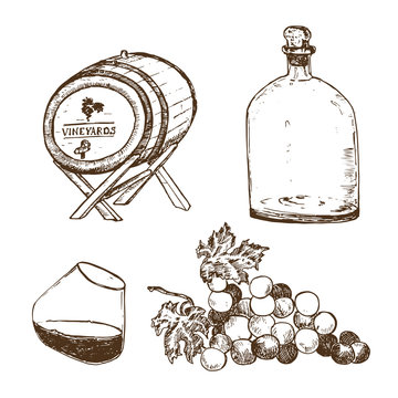 Wine sketch vector illustration. Winemaking hand drawn vintage set. Winery wooden barrel, glass with wine, grape twig. Classical alcoholic drink and beverages.