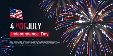 Fourth of July happy independence day horizontal banner. USA day celebration flyer with realistic dazzling display of fireworks. National patriotic and political holiday poster vector illustration. - obrazy, fototapety, plakaty