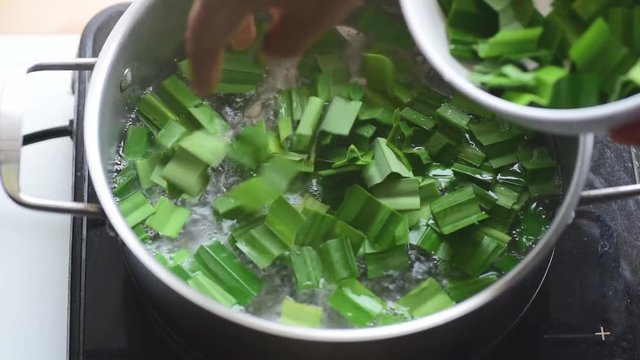Pandan drink making step, pouring sliced pandan leaf into boiled water in hot pot, Asian drink