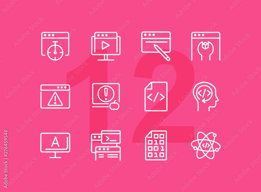 Poster backend developing line icon set. set of line icons on white background. technology concept. program