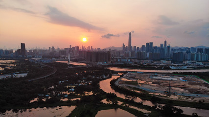 China Shenzhen sunset and skyline near the Hong Kong border