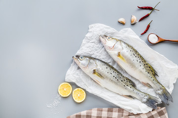 Fresh raw fish with spices, lemon, salt on gray background. Creative layout made of fish, top view with copy space, flat lay, mockup, overhead. Healthy food concept