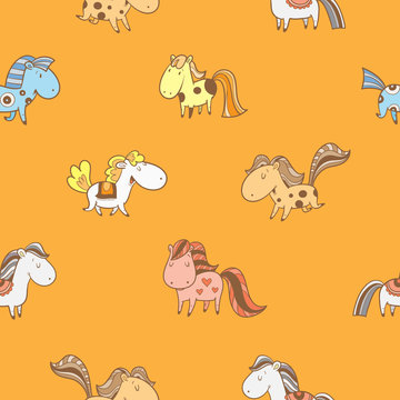 Seamless pattern with cute cartoon horses on  orange background. Funny animals. Vector image. Children's illustration.