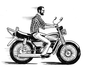 Young man riding a retro motorcycle. Ink black and white drawing