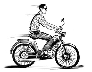 Naklejka na ściany i meble Man riding a scooter. Ink black and white drawing