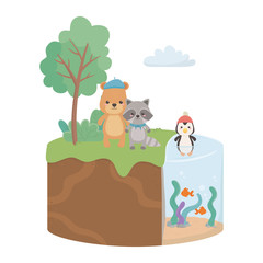 Bear raccoon and penguin cartoon design
