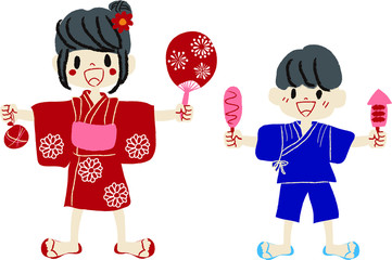 お祭りに来た子供たち　イラスト　浴衣　甚兵衛