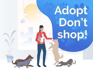 Volunteer taking care of dogs, rabbits and cats in animal shelter