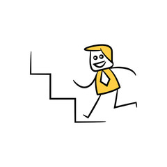 businessman walking up stair, yellow character doodle design