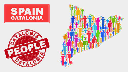 Demographic Catalonia map abstraction. People colorful mosaic Catalonia map of crowd, and red rounded textured seal. Vector collage for population group plan.