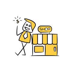 businessman and shop store, yellow character doodle design