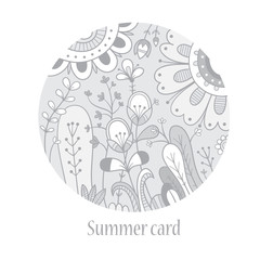 Summer card with flowers and herbs on gray backgrund. Vector contour image. Doodle style.