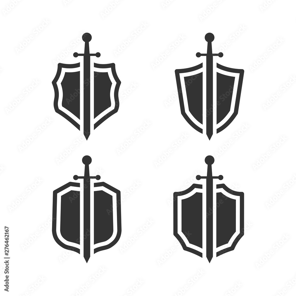 Poster shield icon set template black color editable. sword conception with shield symbol vector sign isolated on white background. Simple logo vector illustration for graphic and web design.