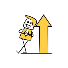 businessman and arrow chart for growth profit concept, yellow character doodle design