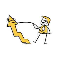 Fototapeta premium businessman using rope pulling arrow chart for growth profit concept, yellow character doodle design