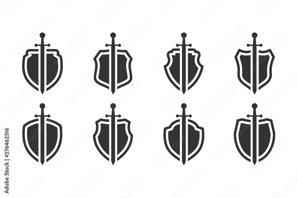 Fototapete shield icon set template black color editable. sword conception with shield symbol vector sign isolated on white background. Simple logo vector illustration for graphic and web design.