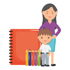 cute little student boy with female teacher and notebook