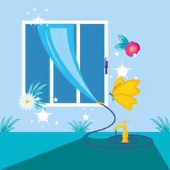 window of home with hose cleaning