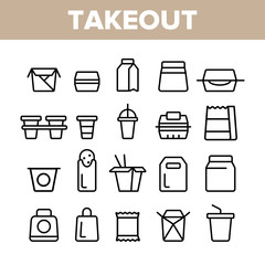 Takeout Food Vector Thin Line Icons Set. Takeout, Takeaway Meal and Beverages Linear Pictograms. Fast Food, Chinese Dishes in Paper Disposable Containers, Drinks in Plastic Cups Contour Illustrations