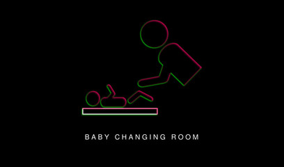 Logo, design, button or icon of baby changing room, facilities. Signal without discrimination by sex. Access to men and women indistinctly. Illustration on black background. Strong contrast of colors.