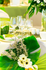 Luxury wedding party dinner table setting concept.