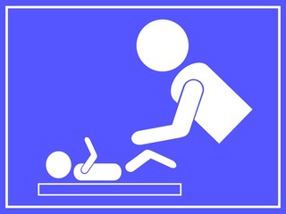 Notice of baby changing room, facilities and accessibility. Non-sexist signal, without discrimination by sex. Access to the dependencies to men and women indistinctly. Illustration on blue background.