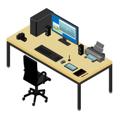 Fototapeta premium Programmer freelancer working place desk and armchair. Computer, laptop, printer , graphic tablet, camera and notebook on the desk in the office.