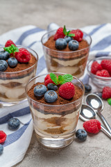 Classic tiramisu dessert with blueberries and raspberries in a glass cup on concrete background