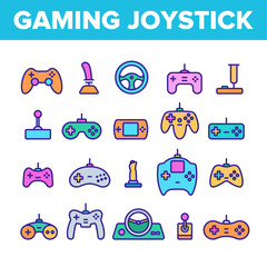 Gaming Joystick Vector Thin Line Icons Set. Gaming Joystick, Computer Games Accessories Linear Pictograms. Joypads for Playing Video Games, Entertainment Industry Equipment Contour Illustrations © vectorwin