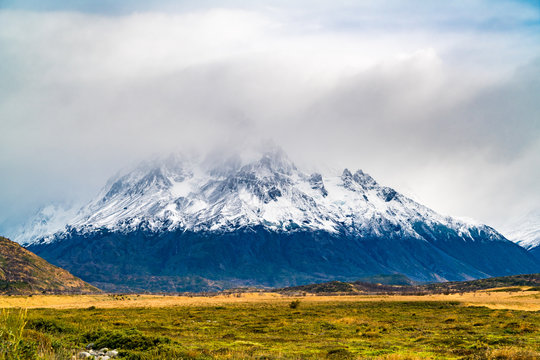 View of beautiful snow capped mountain in Torres del Paine National Park in Chilean Patagonia
