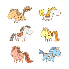 Vector set with cute cartoon  horses. Funny animals. Contour colorful image.