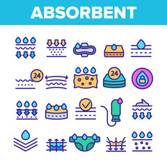 Absorbent, Absorbing Materials Vector Thin Line Icons Set. Absorbents For Moisture Control. Absorbing Breathable Textures For Children, Women Linear Pictograms. Water Drops Contour Illustrations - obrazy, fototapety, plakaty