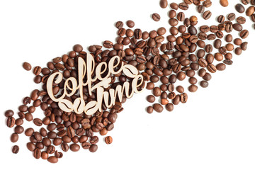 Coffee grains isolated on white background top view. Coffee time concept with the inscription. Grains scattered on the table with text