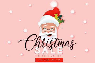 Christmas sale website banner template with santa Claus funny face. white, pink and red design