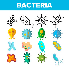 Bacteria, Bacterial Cells Vector Thin Line Icons Set. Bacteria, Germs, Probiotics Linear Pictograms. Microorganisms, Bacillus, Microscopic Microbes, Microbiome Color Flat Illustrations