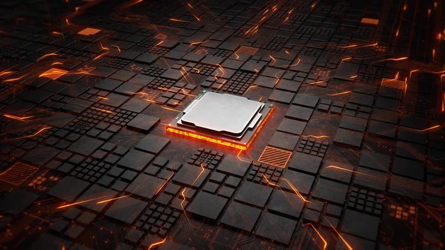 Abstract Motherboard circuit with CPU, microchips and animated electric signals, still camera 3d render
