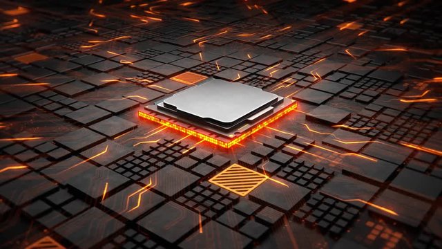 Abstract Motherboard circuit with CPU, microchips and animated electric signals 3d render