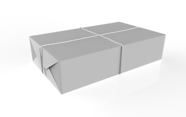 Gift box wrapped in craft paper with white thread isolated on white background. 3d illustration 