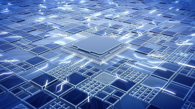 Abstract Motherboard circuit with CPU, microchips and animated electric signals 3d render