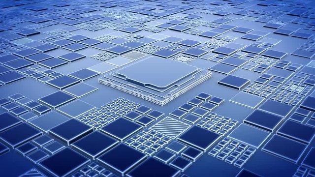 Abstract Motherboard circuit with CPU and microchips 3d render