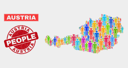 Demographic Austria map illustration. People colorful mosaic Austria map of men, and red rounded dirty watermark. Vector collage for national community representation.