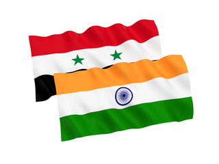 National fabric flags of India and Syria isolated on white background. 3d rendering illustration. 1 to 2 proportion.